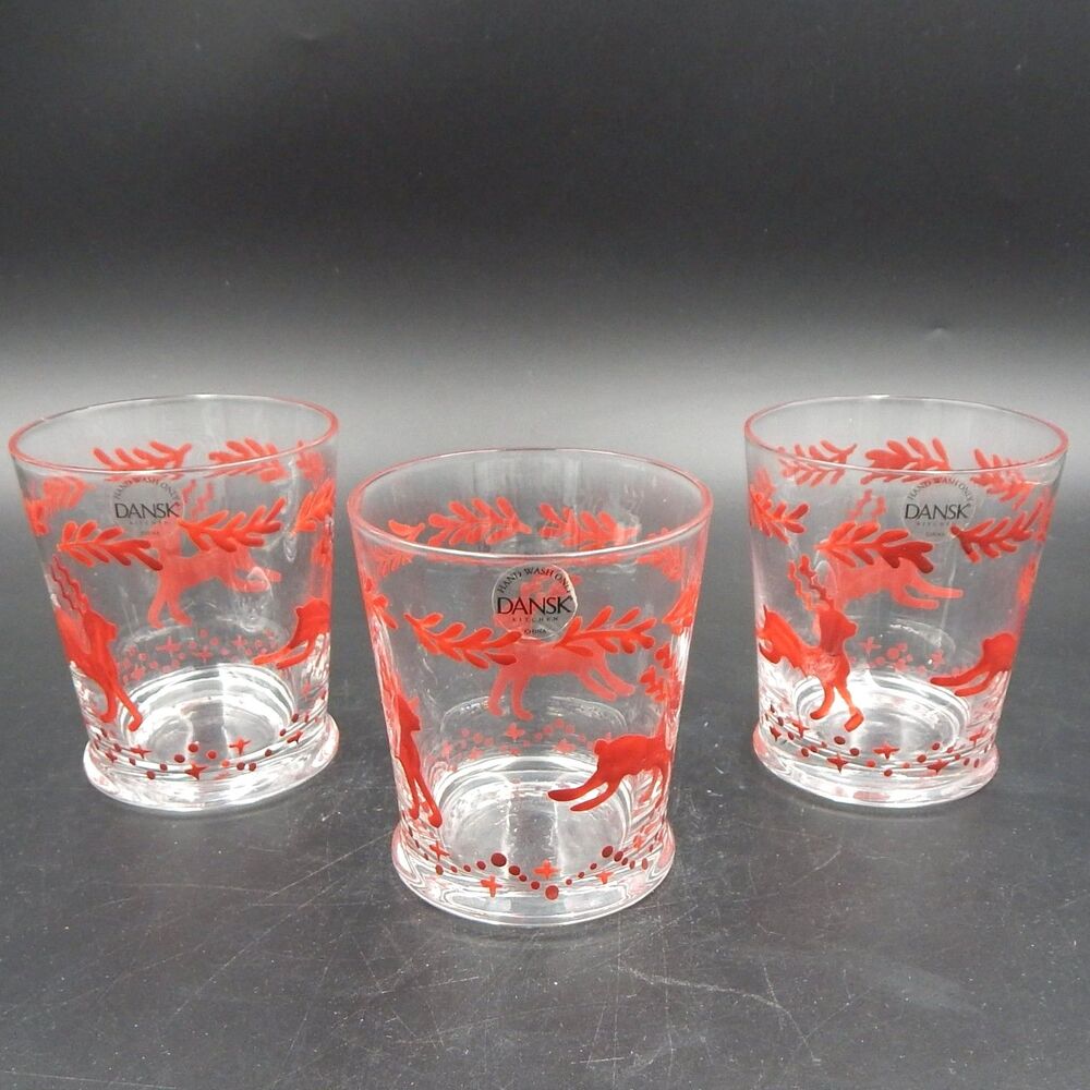 Dansk Nordic Knit Reindeer Double Old Fashioned Rocks Whiskey Glasses Set of 3
